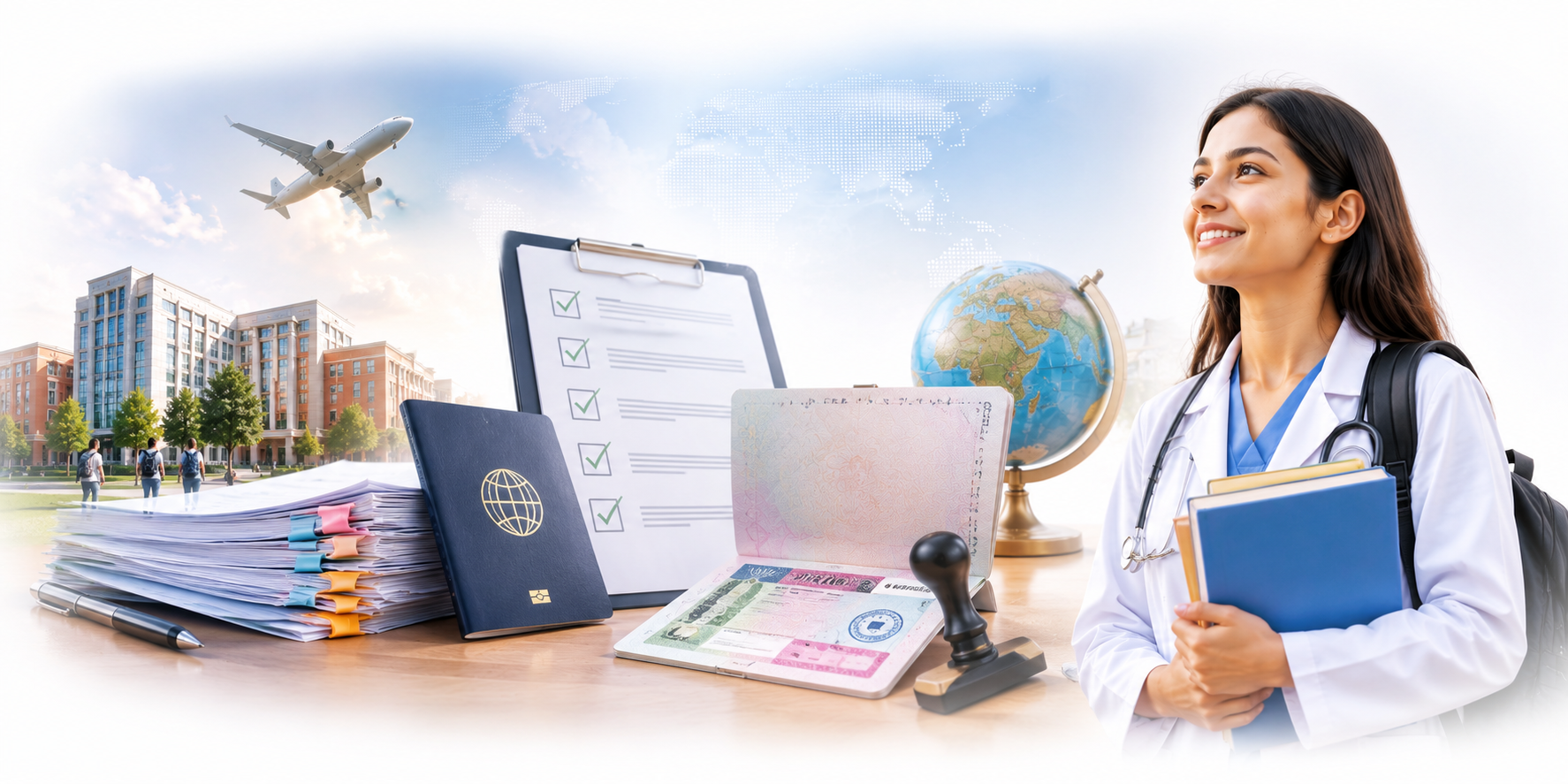 AI illustration of MBBS admission documents and visa support